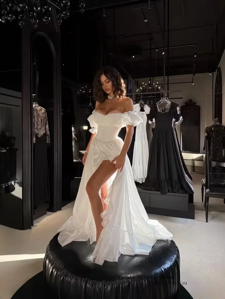

Verngo Sweetheart Neck Ruffle Trim Cottagecore Dress High Slit Flowy Chiffon Beach Vacation Puff Sleeve Empire Gown Customized