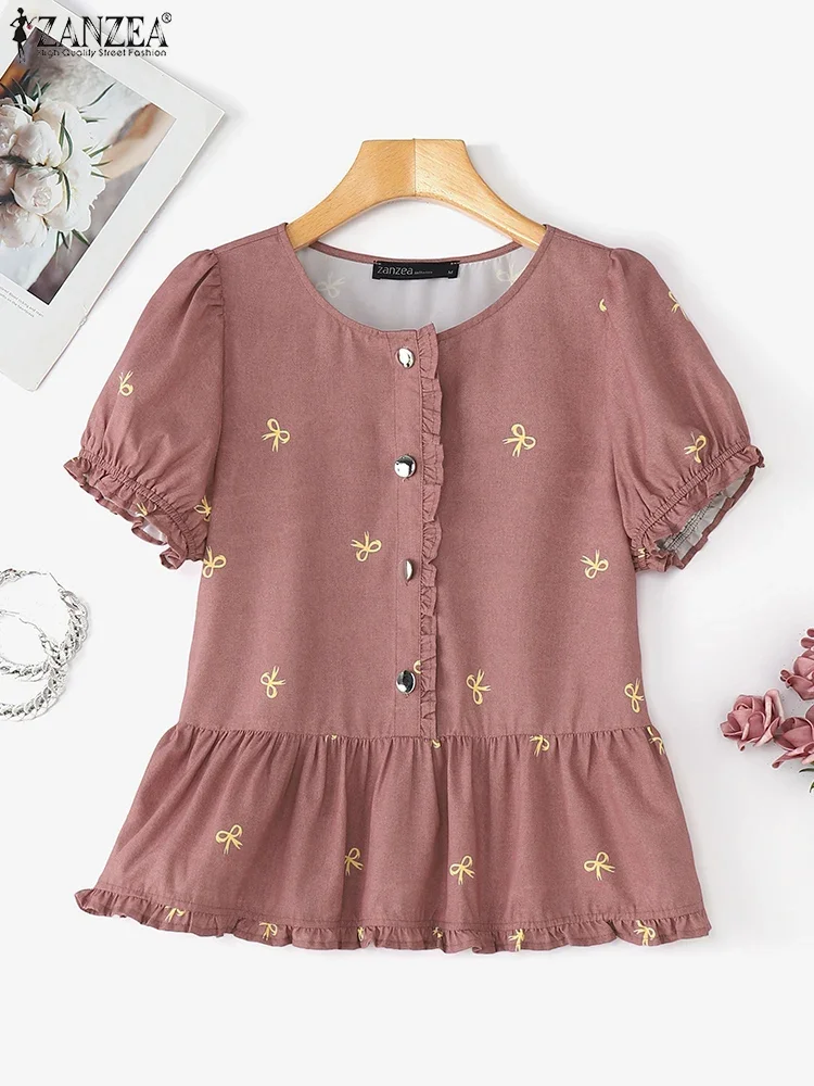 ZANZEA قمصان نسائية كورية مطبوعة بفيونكة تونك أزرار 2025 بلوزات صيفية بأكمام قصيرة مكشكشة بلوزات أنيقة غير رسمية #2