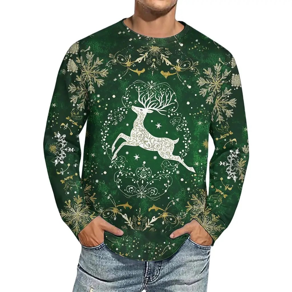 Christmas Men's 3D Snowflake Elk Printed Round Neck Long Sleeve T-shirt Casual Long Sleeve Top Party Loose Men's Top