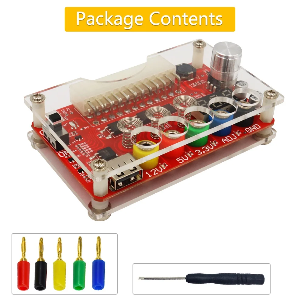 ATX Power Supply Breakout Board and Acrylic Case Kit with ADJ Adjustable Voltage Knob