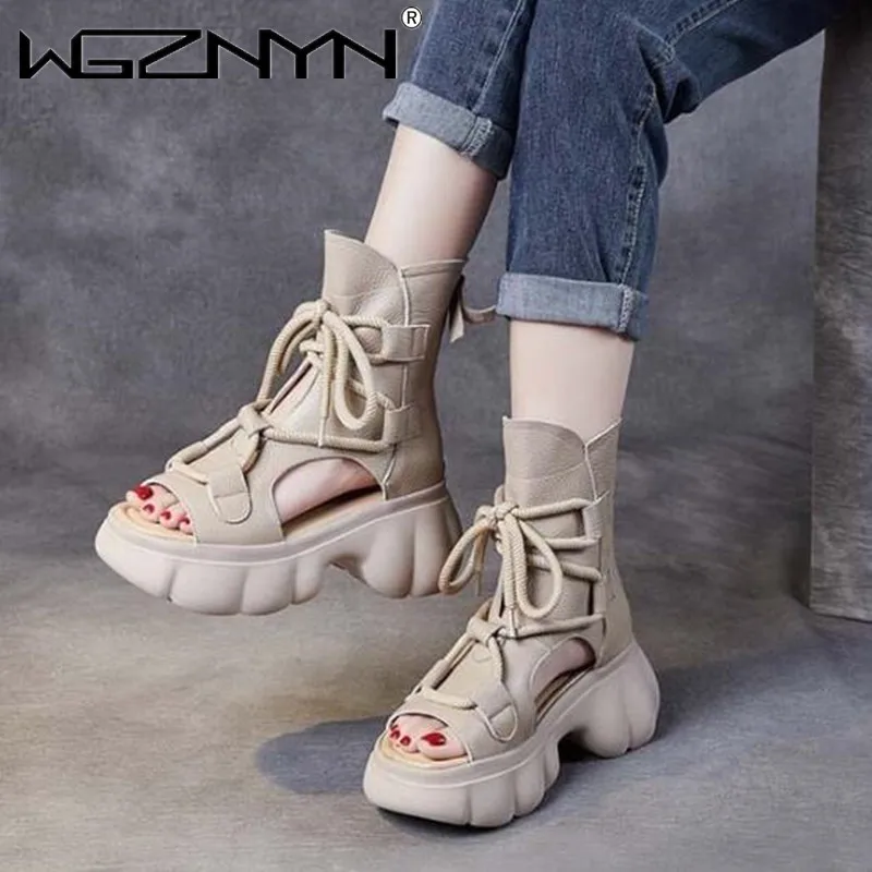 Genuine PU Leather Zip Retro Shoes Women Sandals 2024 New Ankle Boots Summer Handmade Hollow-out Lace-up Casual Platform Sandals