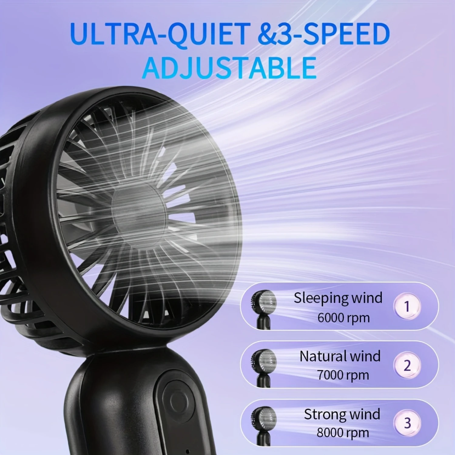 Portable Mini Fan Handheld Personal Small Fan with 3-speed for Travel, USB Rechargeable Battery Operated Eyelash Fan