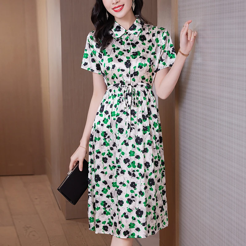 

New Real Silk Satin Long Dresses for Women Summer Short Sleeve Elegant Floral Print Dress Office Lady Women's Shirt Dress