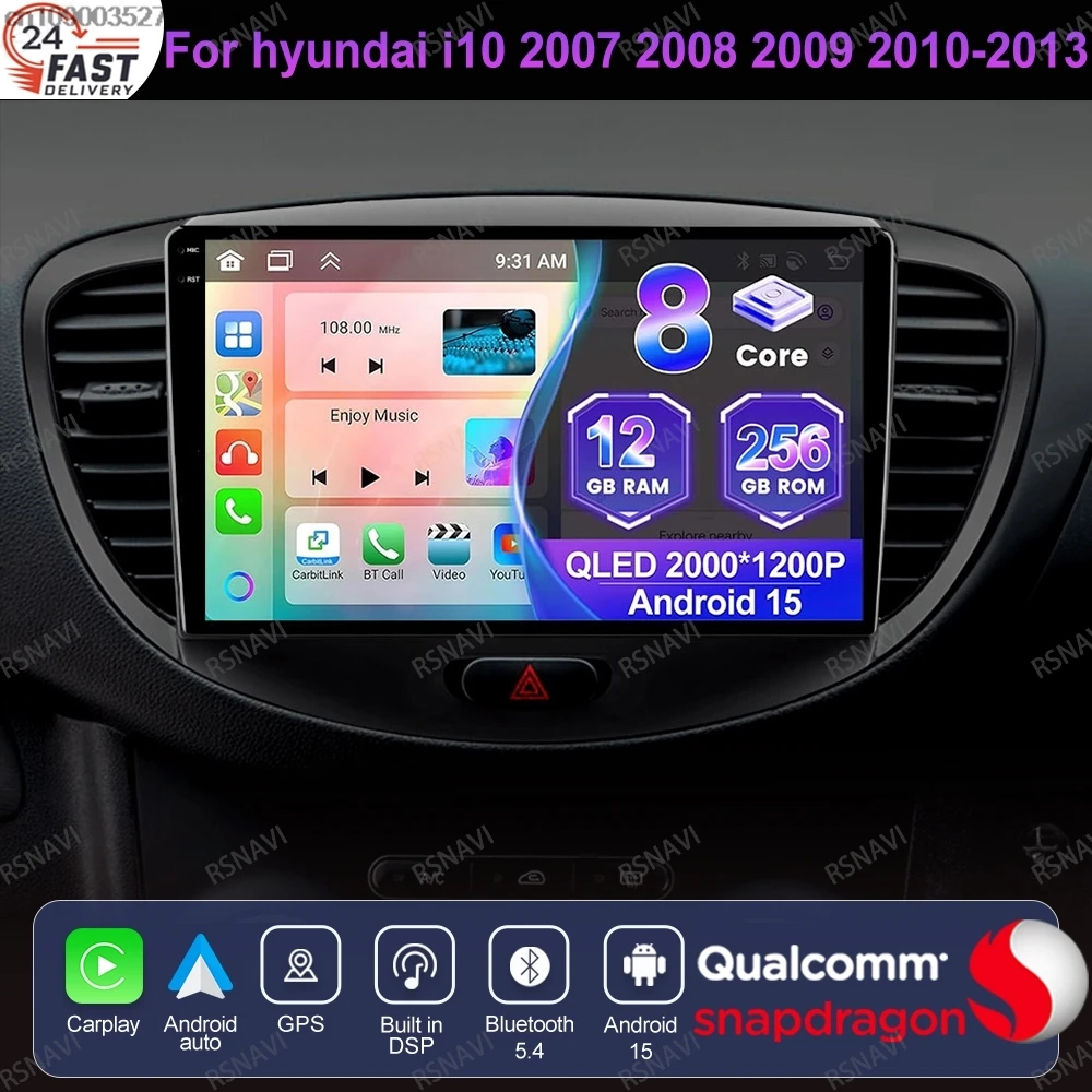 

Android 15 для Hyundai I10 2007 2008 2009 2010-2013 авторадио Viedo плеер навигация беспроводной Carplay Auto BT GPS головное устройство DVD