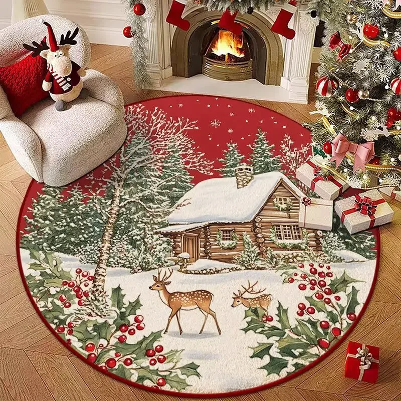 Christmas Round Rug – Snowy Forest with Reindeer & Wreath Design for Festive Living Room Holiday Decor