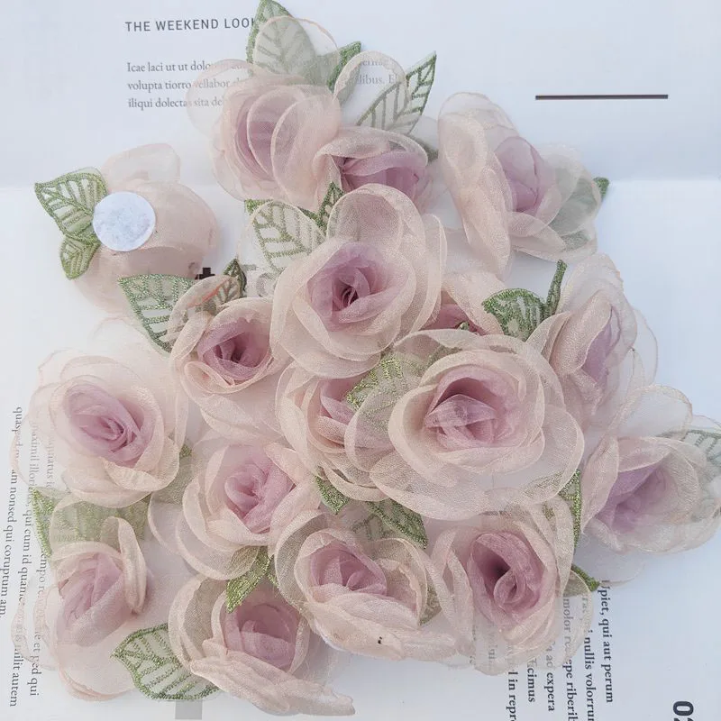 5Pcs/Lot Mesh Rose Yarn Silk Flower Patches With Leaves Handmade 3D Flower Hair Clip DIY Clothing Accessories