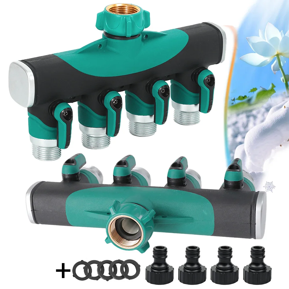 Heavy Duty Metal 4 Way 3/4'' Thread Faucet Splitters with Shut Off Valves for Garden Hose Adapter Outdoor Water Tap Connectors