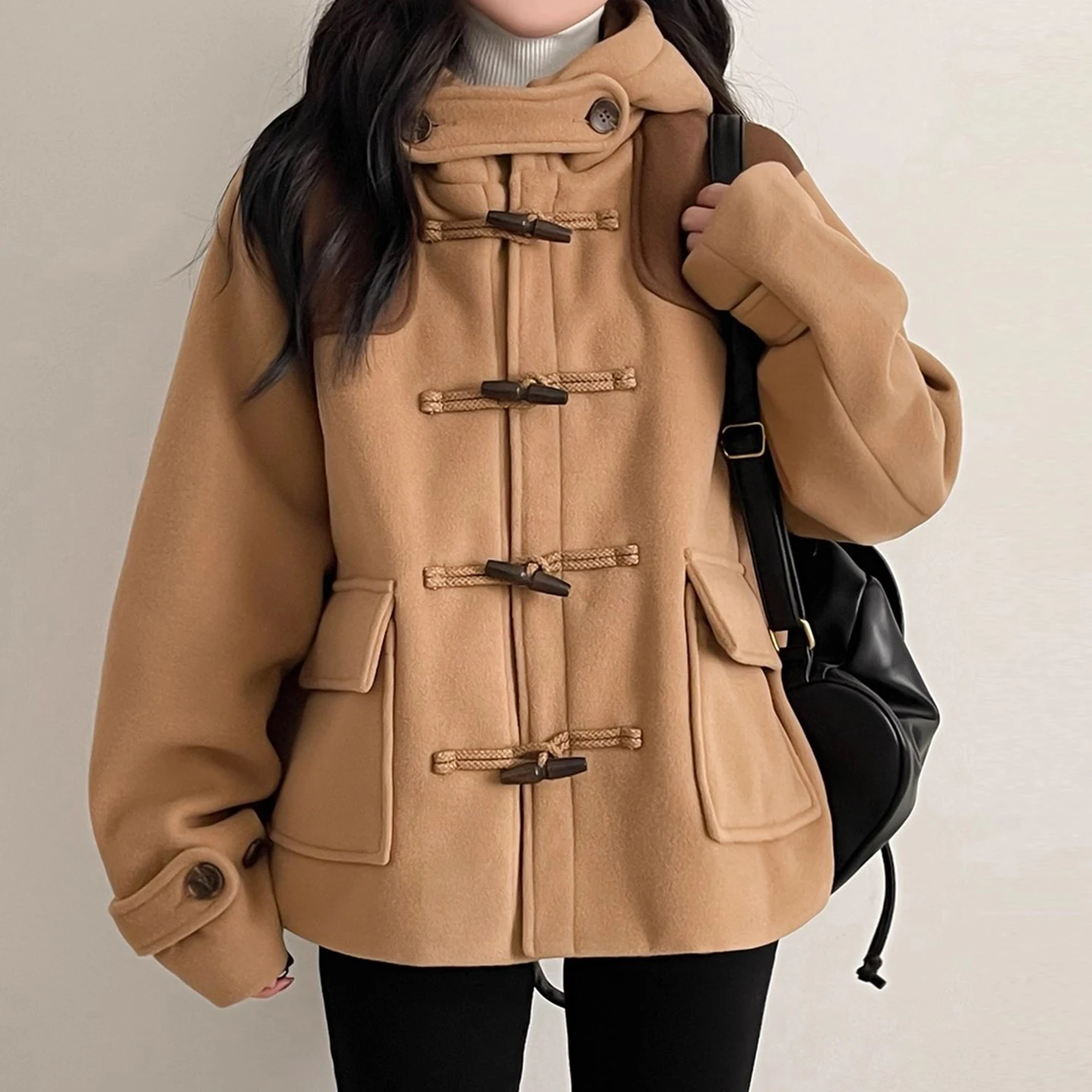 الرجعية القرن زر اللون بلو قبعة معطف الصوف المرأة فضفاض كيت أعلى شتاء جديد Sle النسخة الكورية طويلة Sve زر واحد #1