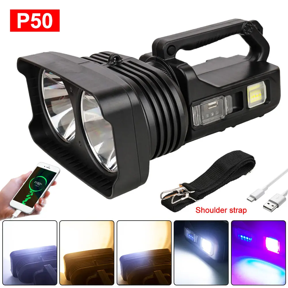 Portable High Power P50 Searchlight USB Charging Dual Lamp Spotlight Patrol Flashlight Built-in 7200 mAh Power Bank Torch