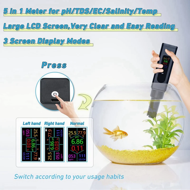 HOT SALE 5-In-1 Digital PH Meter For PH/TDS/EC/Salinity/Temp,With Simultaneou Data Display,For Hydroponics,Drinking Water Testin