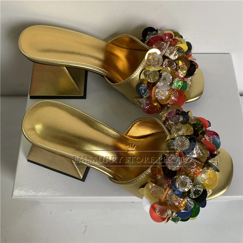 Colorful Bling Sequins Beads Sandals Women Unique Strange Heel Diamond Rhinestone Slingbacks Summer Mules For Girls