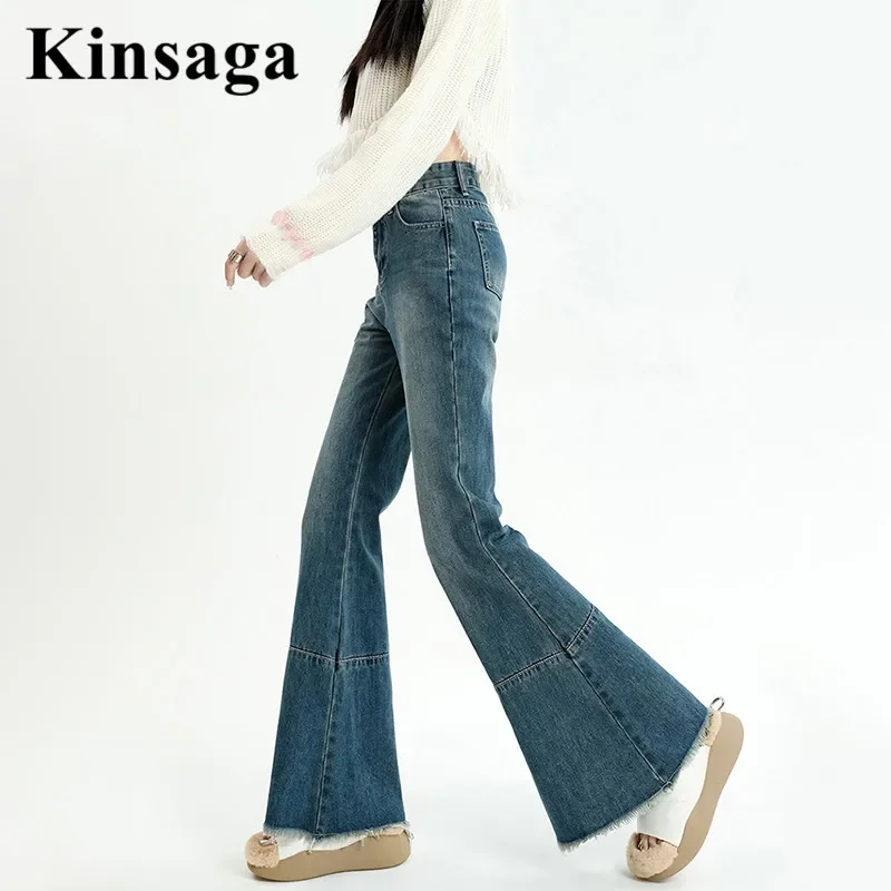 

Retro Wide Leg Burrs Extra Long Flare Jeans Lengthen Tall Girl Street Vintage High Waist Frayed Tassel Mopping Denim Pants Women