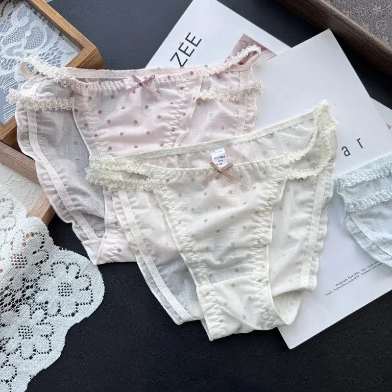 Dot Print Mesh Cute Underwear for Women Low Waist Thin Lace Cotton Crotch Seamless Panties Sweet Breathable Soft Briefs Lingerie