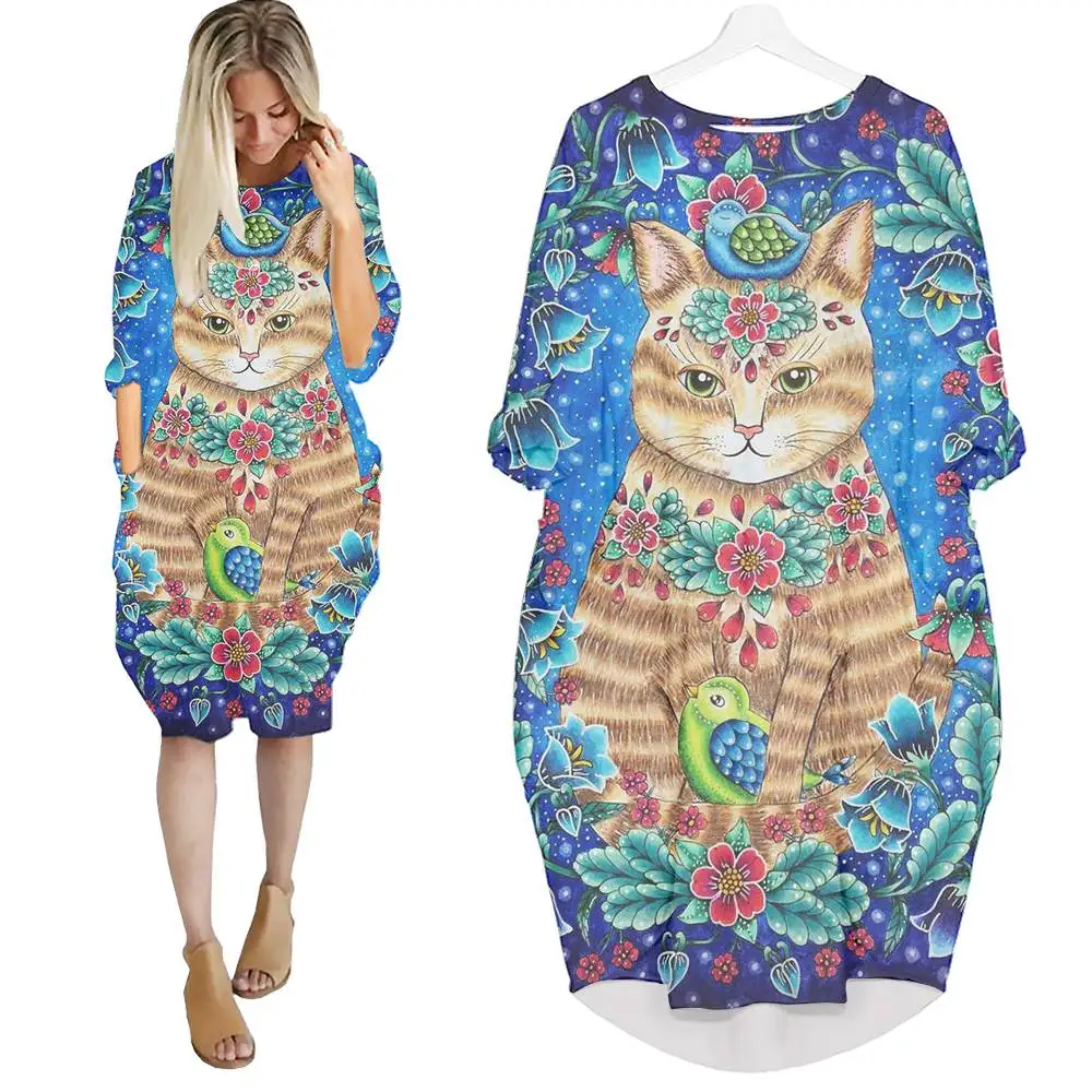 

Jumeast Women 3D Batwing Pocket Dress Oversized Female Cartoon Creative Colorful Cats Pullover Dresses Summer Skirt Nightdress