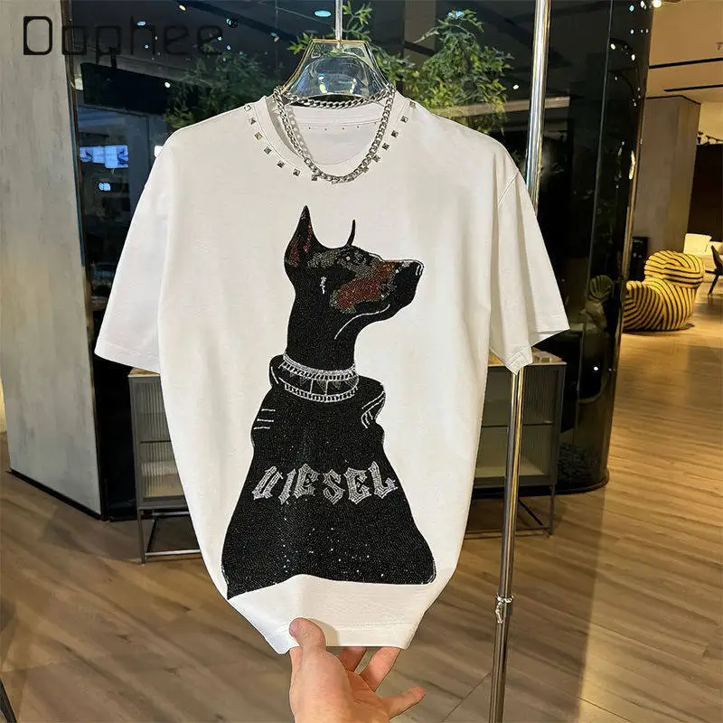 2026 Summer New Men's Cool and Stylish Casual Daily Rivet Loose-fitting White Pink and Black Round-neck Short-sleeve T-shirt
