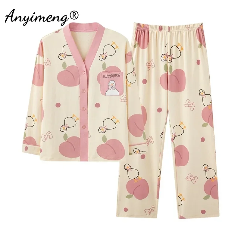 Cute Duck Printing Autumn Winter New Kimono Lapel Woman Pajamas Set Elegant Lady Kawaii Pijamas Set Girls Leisure Loungewear Pjs