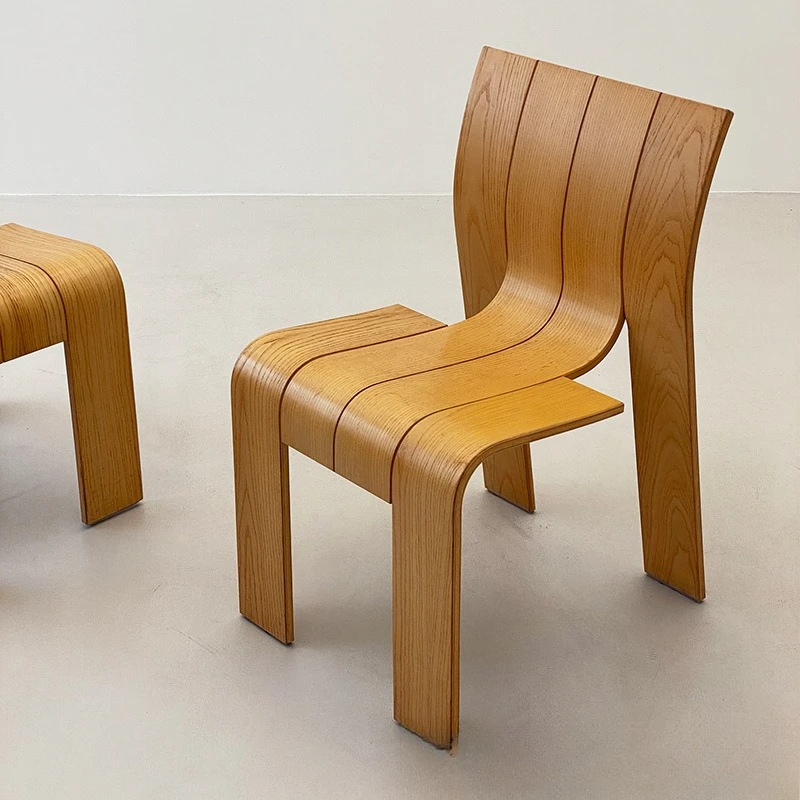 Curved chair, simple irregular stacking chair, solid wood chair