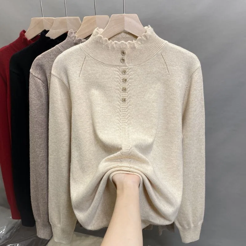 

Autumn and Winter Half Turtleneck Bottoming Sweater Women's Loose Solid Color Pullover Sweater Top