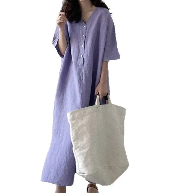 Lotte صيف جديد فضفاض قصير الأكمام منتصف طول القطن قميص كتان فستان بسيط فستان طويل رداء Vestido المرأة أنيقة