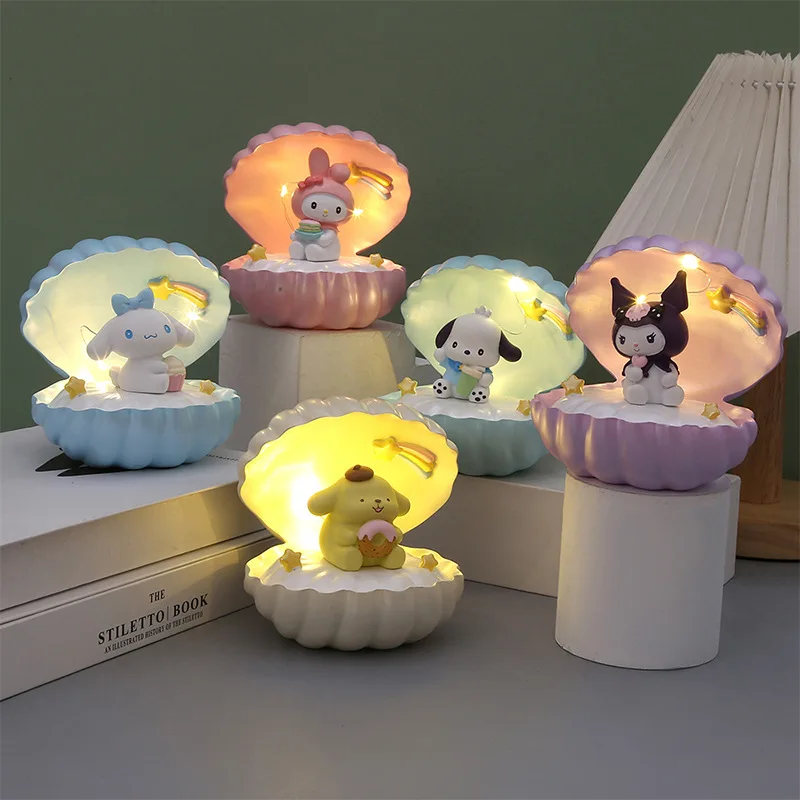 

Sanrio My Melody Kuromi Night Light Cinnamoroll Pompompurin Shells Room Lamp Doll Birthday Gift for Children Charm Ornament Toys