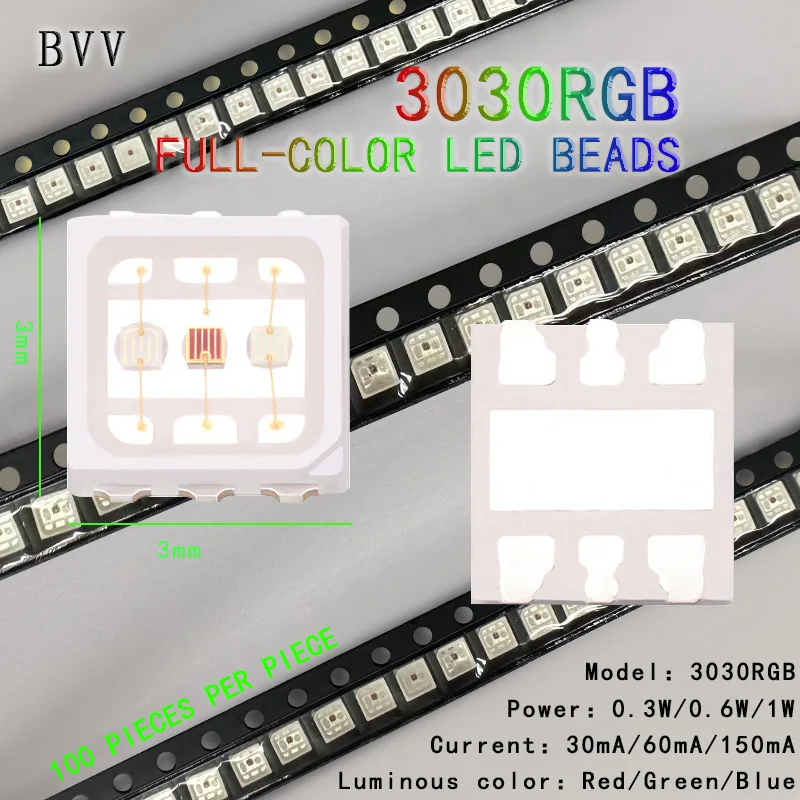 

3030RGB LED lamp beads Power: 0.3W/0.6W/1.5W, red, green and blue full-color high-brightness lamp bead beadsFactory direct sales