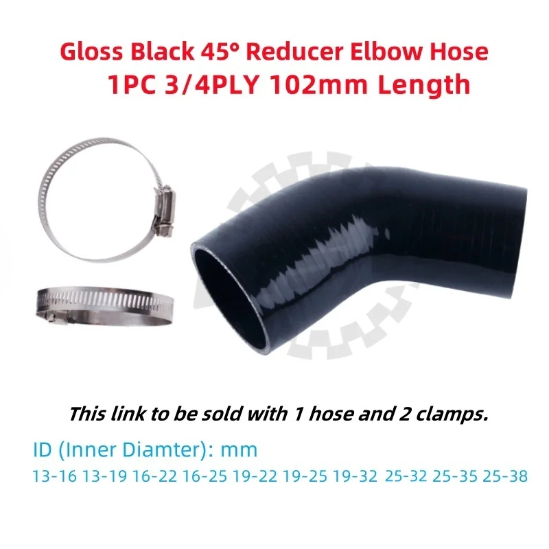 

3/4PLY 45° Gloss Black 45 Degree Reducer Elbow Bend General Silicone Coupler Hose ID13 16 19 22 25 32mm 1PC 102mm Length 2Clamps