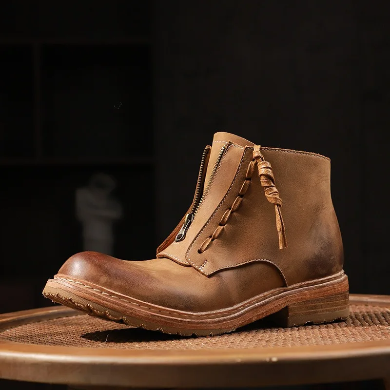 High End Washed Horsehide Knight Boots Men's Shoes Genuine Leather Thick Sole Outdoor Cowhide Wear-resistant Motorcycle Boots