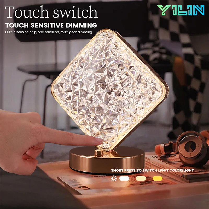 Modern Luxury Crystal Table Lamp USB Rechargeable 3Color Changeable Creative Decoration Atmosphere Acrylic Bedside Night Light