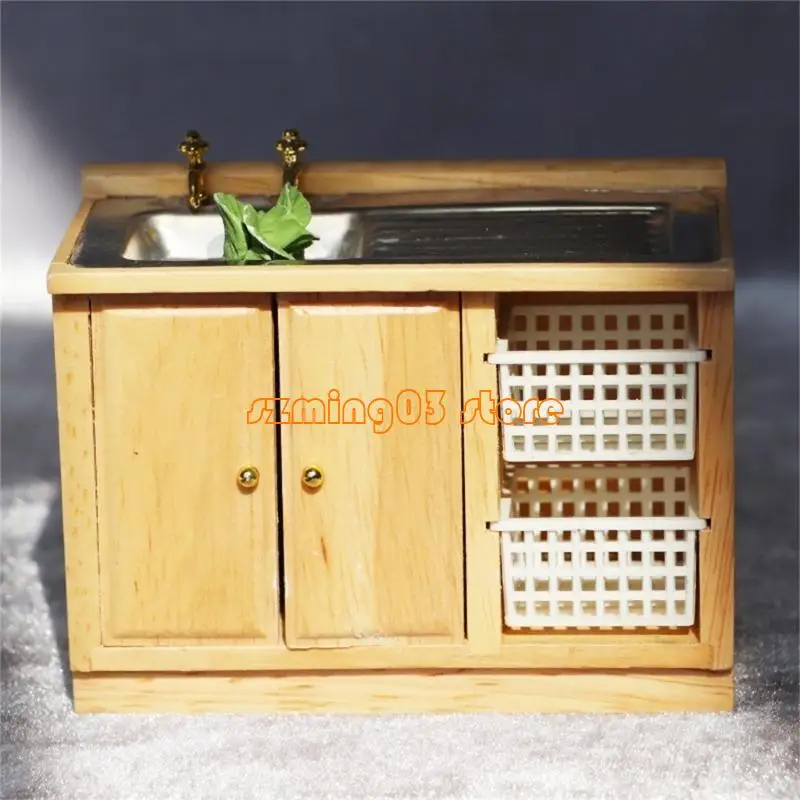 H9EC Armário pia miniatura 1/12 Acessórios cozinha escala para cozinhas casa brinquedos e banheiros