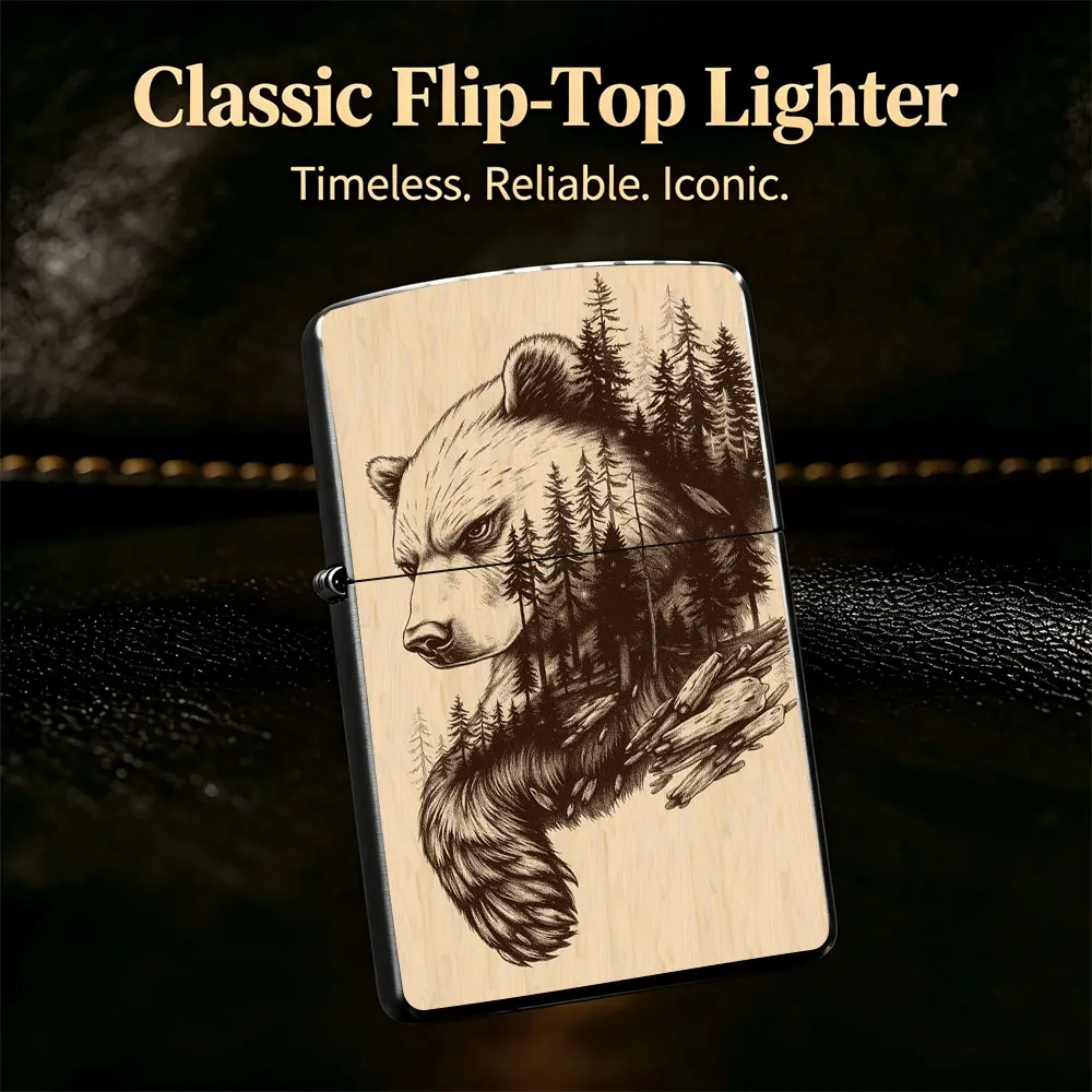 Pocket Lighter, Flip-Top Windproof Design, Metal Case, Bear with Forest Print, Comfortable Grip, Portable & Refillable
