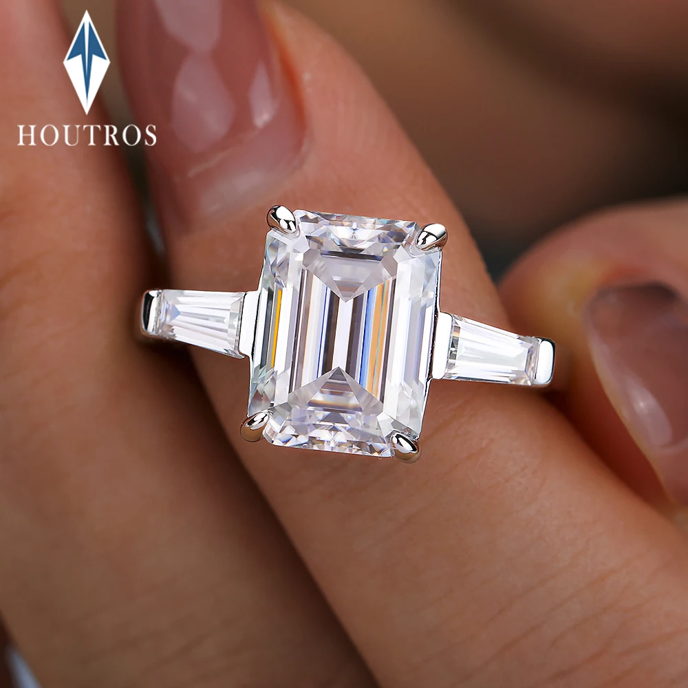 4.5CT Emerald Cut Engagement Ring for Women 925 Sterling Silver Emerald and Tapered Baguette Three Stones Promise Rings Jewelry