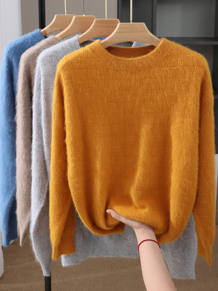 Luxury Men's 100% Mink Cashmere Thickening Sweater O-neck Grid Pullover Thick Knitwear Top Autumn Winter Anti-pilling Clothing