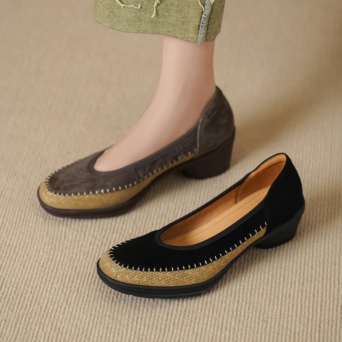 2026 new spring autumn women pumps natural leather 22-25cm sheep suede+fabric+cowhide mixed color round heel loafers women shoes