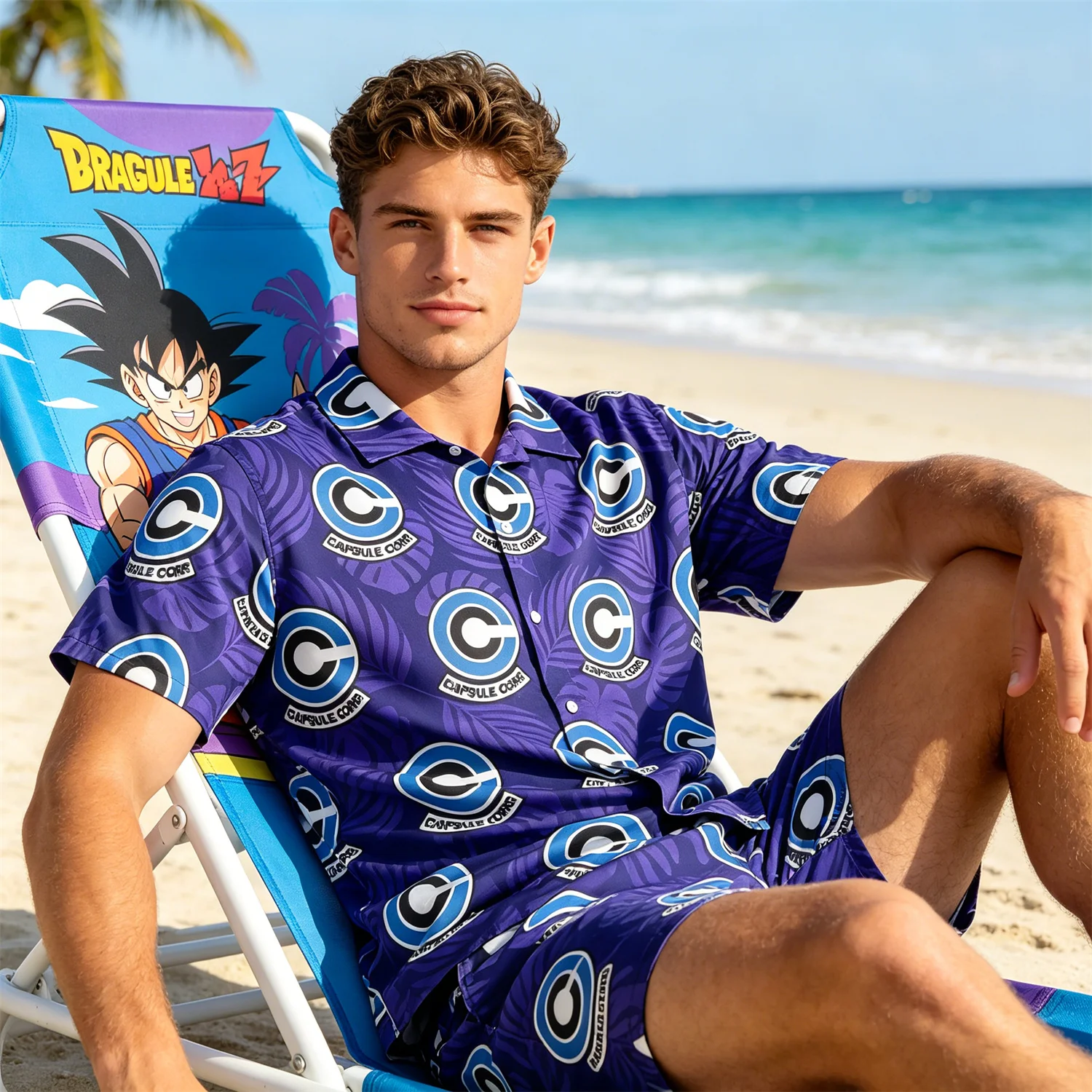 Dragon Ball Capsule Corp Purple Palm Print Hawaiian Shirt Casual Button Down Short Sleeve Vacation Street Top For Anime Fans