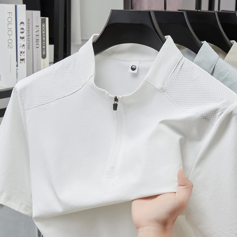 Herren Kurzarm-Poloshirts mit Halbem Reißverschluss und Stehkragen Lässige Sommer-Oberteile Leichte Atmungsaktive Hemden für Männer – Detail 4