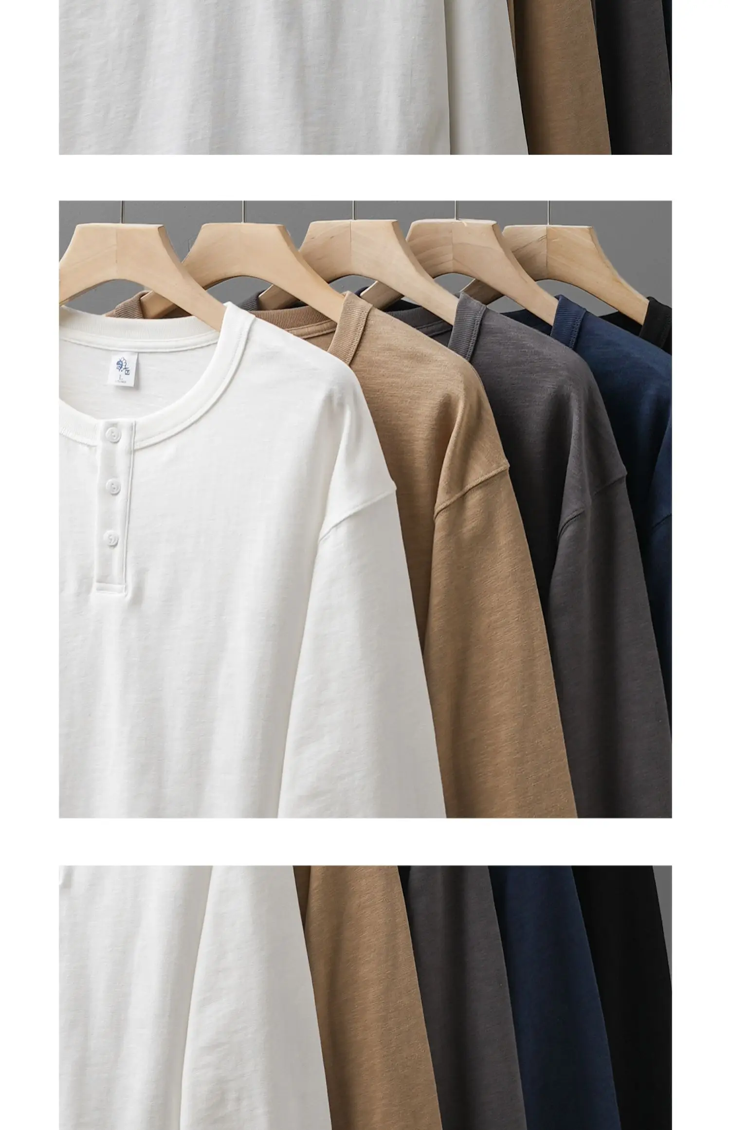 Dukeen 320G schweres T-Shirt aus 100 % Baumwolle mit Henley-Ausschnitt für Herren, langärmelig, Frühling und Herbst, lässige Oberteile, einfarbige Unterhemden – Detail 5