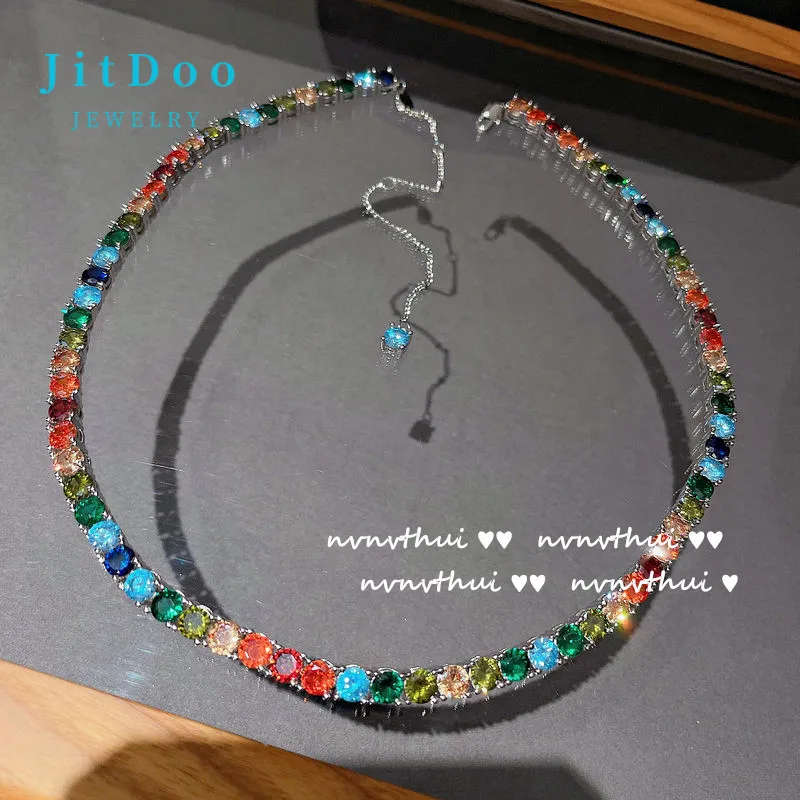 JitDoo Vintage Colored Treasure Choker Necklace Bohemian Style Dazzling CZ Romantic Zircon Necklace for Women Party Jewelry