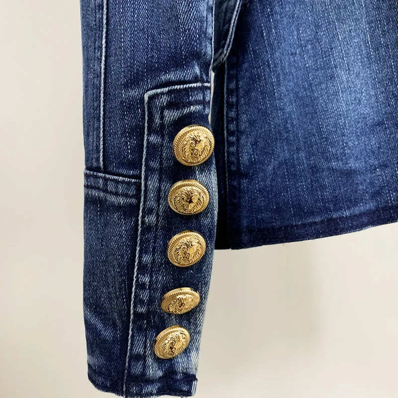 High Quality Autumn Winter Long Sleeves Blazer Jacket Women Lion Head Gold Buttons New in Outwears Ladies Washed Denim Slim Suit