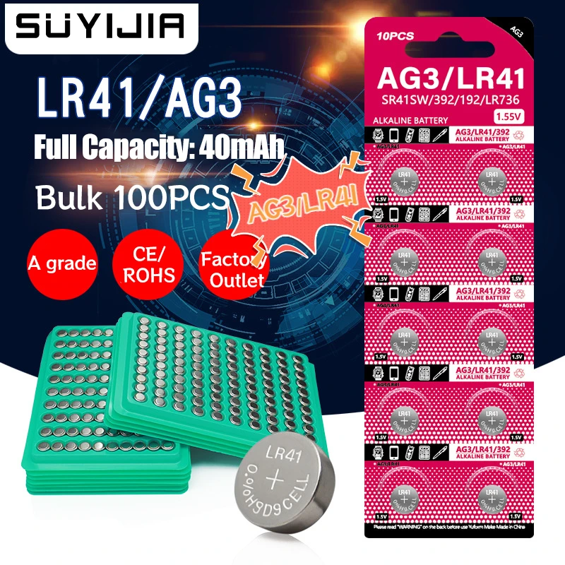 100PCS LR41 AG3 Battery Zinc-manganese Button Battery 1.55V 40mAh 192 L736 384 SR41SW CX41 392 Cell Coin for Watch Car Toys Lamp