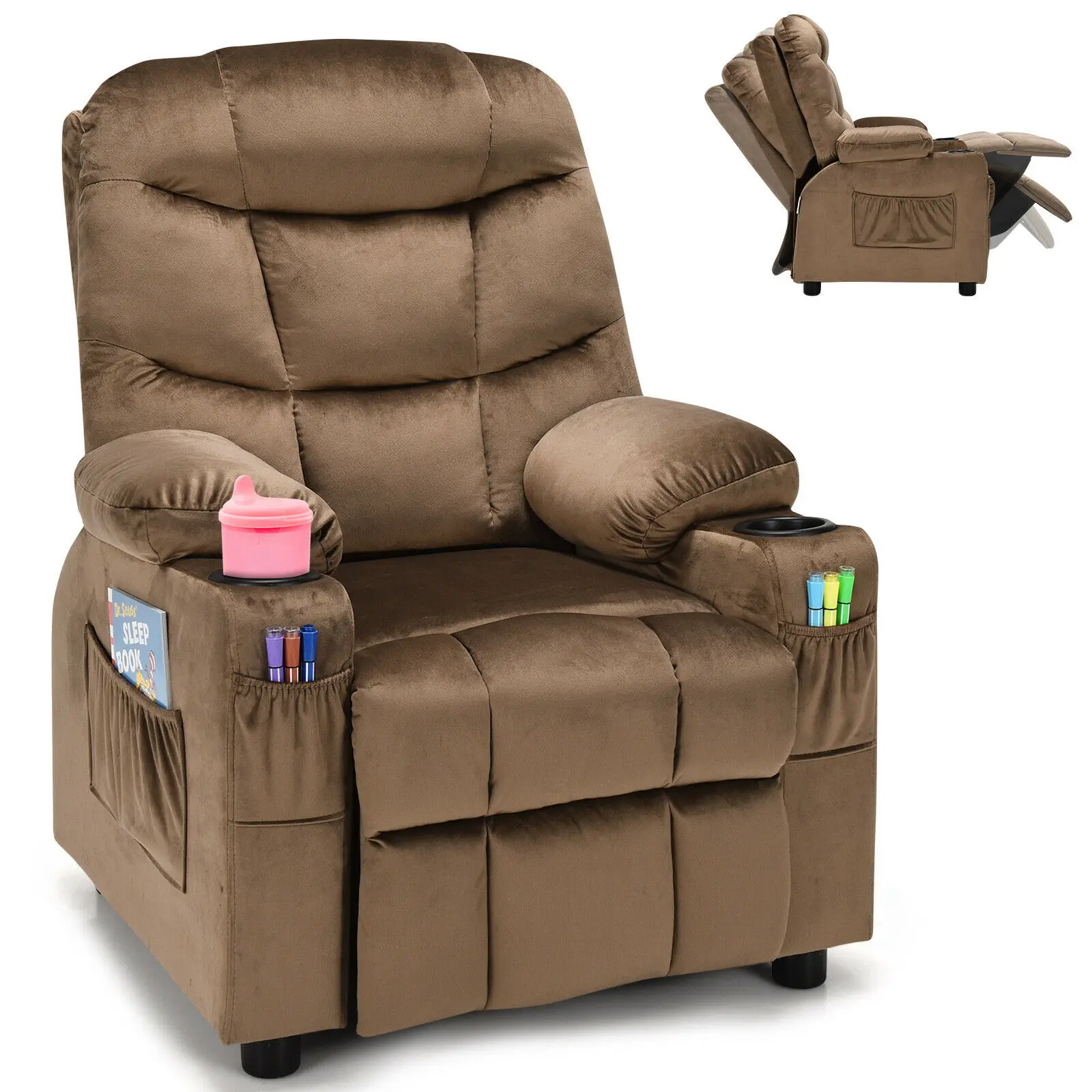 

Honeyjoy Kids Youth Recliner Chair Velvet Fabric Armrest Sofa w/Cup Holder Brown