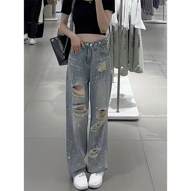 Spring Summer Elastic Waist Streetwear Diamons Holes Wide Leg Jeans Female Loose Casual Harajuku Y2K All-match Denim Pants Women