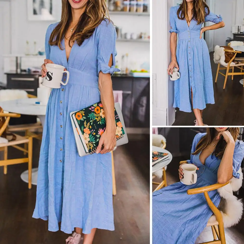 New 2024 Women's Summer Yellow Dres Solid Color Deep V Neck Tied Half Sleeve Button Party Long Dress Female Clothing Dress Robe