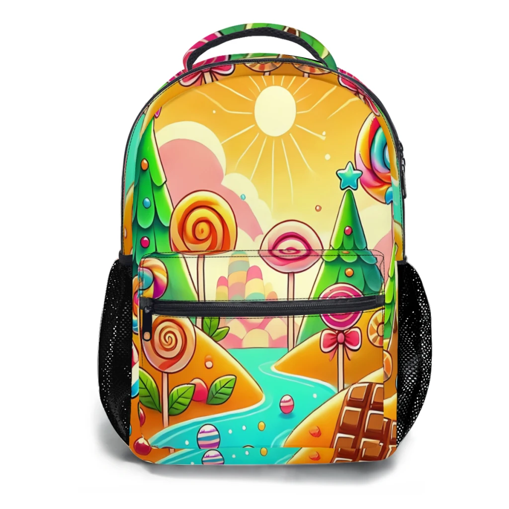 Whimsical Candyland-mochila escolar colorida para niños, ilustración de dulce mundo de fantasía, ligera, informal, juvenil