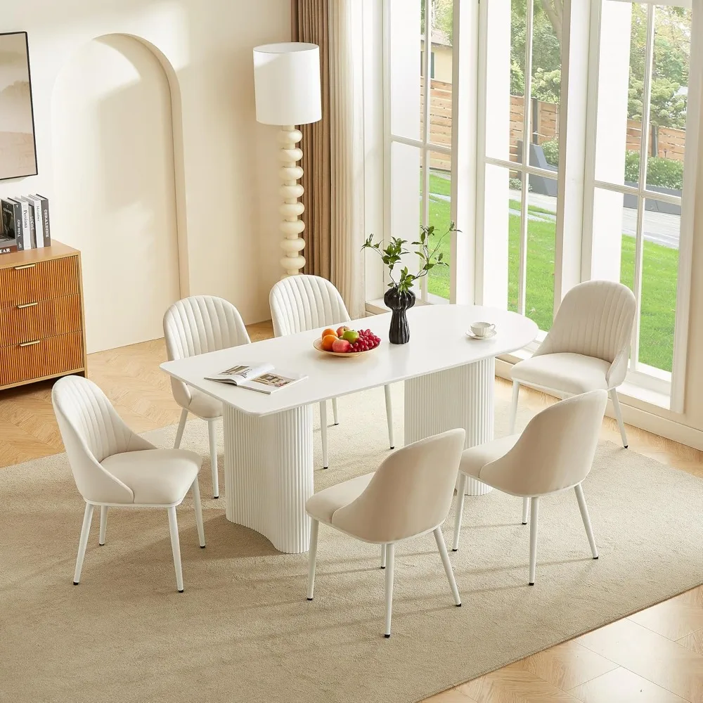 55'' Modern Oval Dining Table, Cream White Kitchen Table for 6 People,Oval Long Dinner Table with Roman Column Dining Room Table