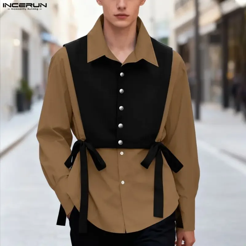 

INCERUN Men Shirt Patchwork Lapel Long Sleeve Button Men Clothing Streetwear Loose Lace Up Fake Two Pieces Fashion Camisas Tops
