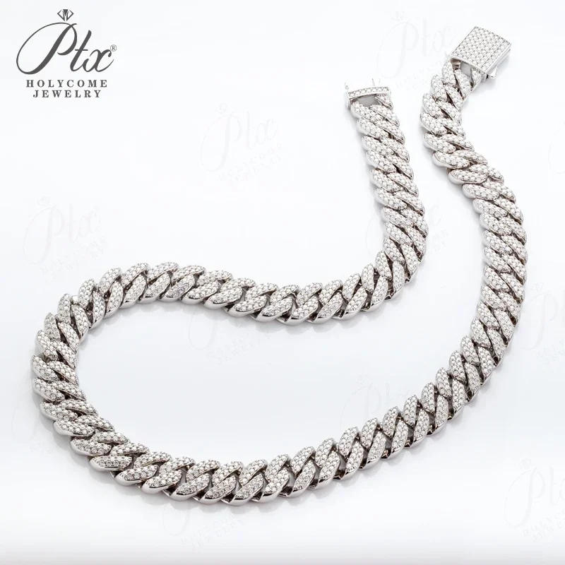 Cuban Link Chain Necklace 2 Row D Color Moissanite 925 Sterling Silver Cuban Chain Hip Hop Fashino Jewelry Unisex Gift 18inch