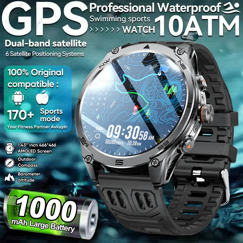 

2025 New Outdoors Military GPS Sports Smart Watch 10ATM Waterproof Built-in Dual-Band GNSS Compass Altimeter BT Call Smartwatch