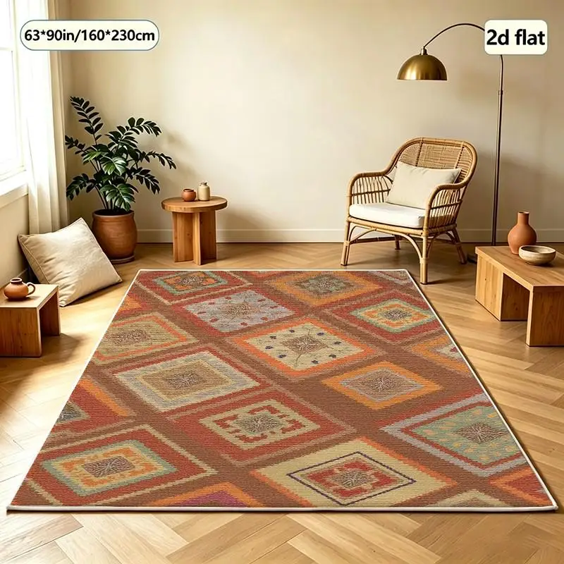 Vintage Bohemian Style Square Diamond Patchwork Carpet Non-Slip Carpet Soft Indoor Living Room Bedroom Home Decor Floor Mat