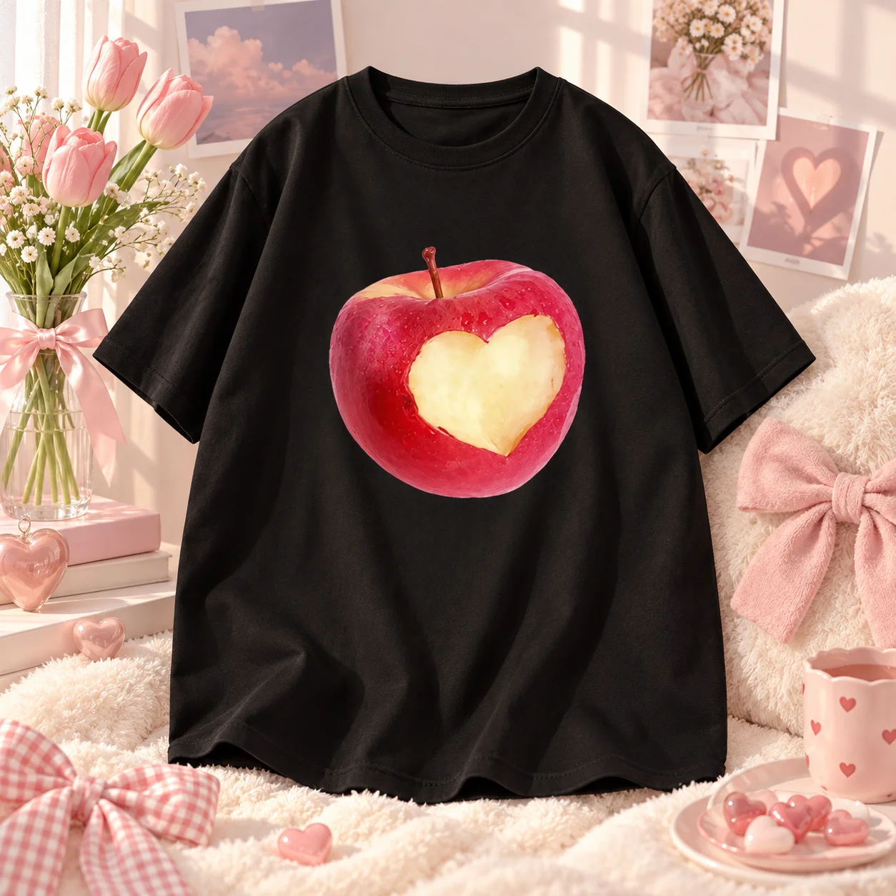 WOman Couple Heart Cut Red Apple Graphic T-Shirt Women Cute Aesthetic Casual Short Sleeve Tee ins style