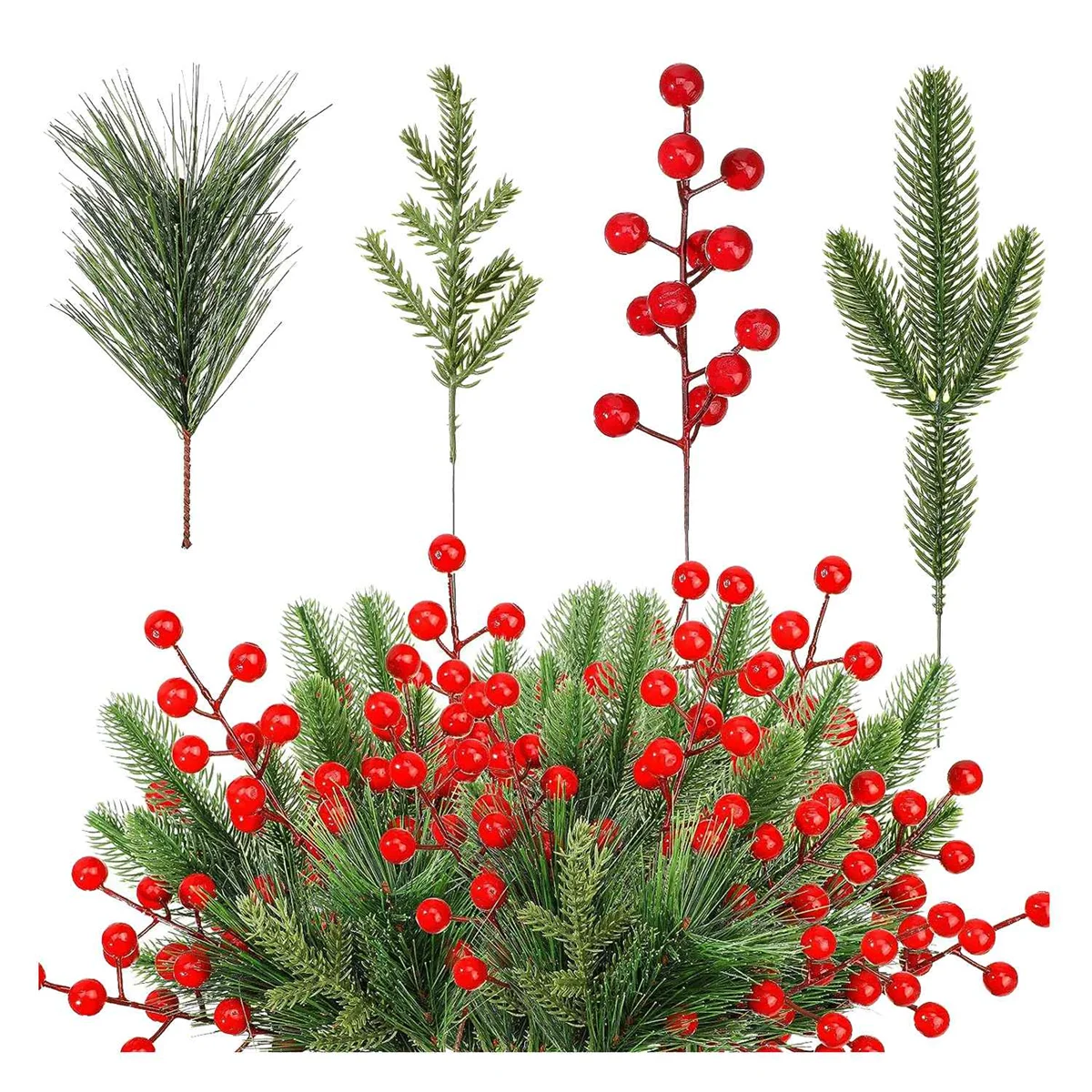 100 Pieces Artificial Pine Needles Branches and Artificial Red Berry Stems Fake Greenery Pine Picks Christmas Red Berry